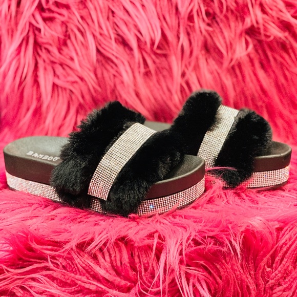 Rhinestone Furry Black slides - Picture 1 of 2